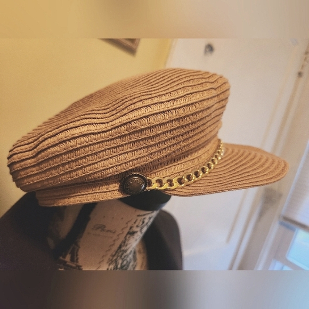 Kendall & Kylie Straw Newsboy Cap with gold chain detail